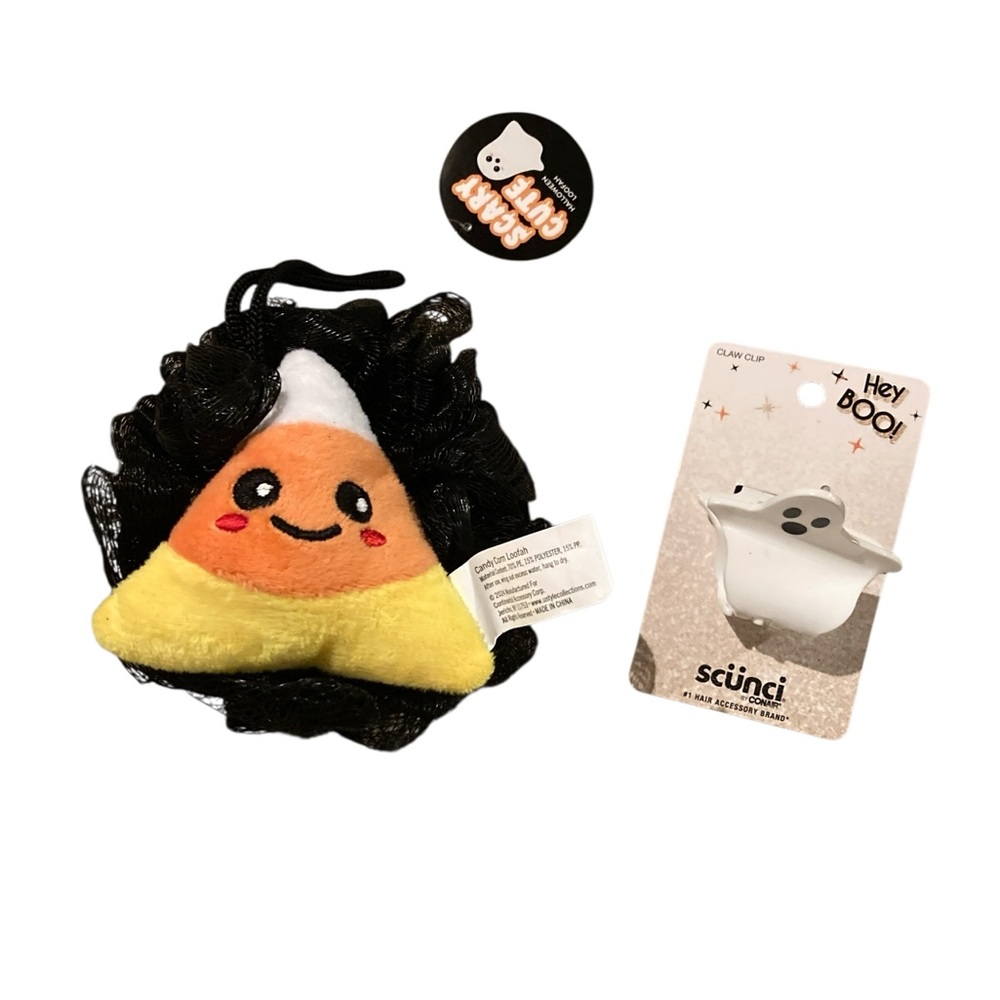 Halloween girls candy corn loofah mesh body sponge scunci ghost hair clip